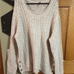 Women's Cream Cable Knit Scoop Neck Sweater with Side Button Detail